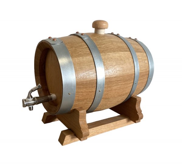 Tonnelet de 2 litres vernis en chêne français - utilisé pour tous les alcools forts comme le Rhum, Whisky etc… - Tonneau avec robinet en Inox et son support
