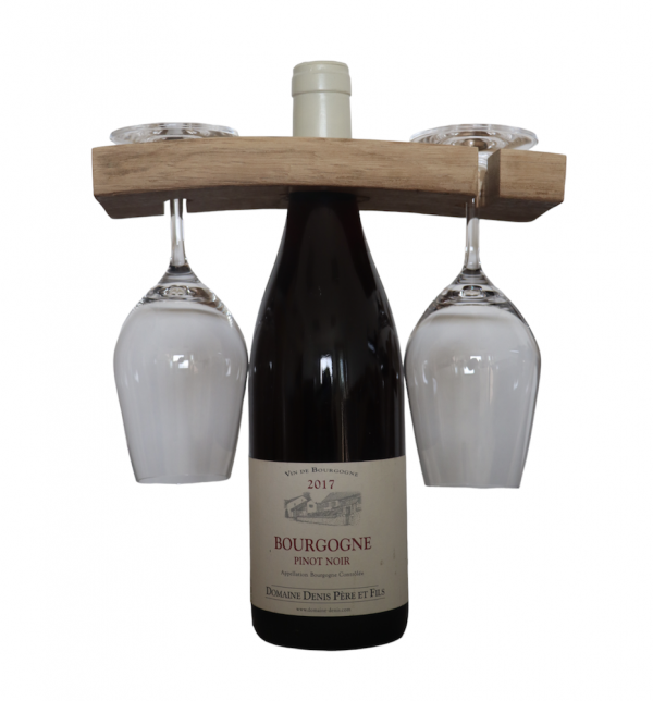 Duo fait à partir d'une douelle de tonneau de vin en chêne français avec une bouteille de vin et 2 verres Bourgogne