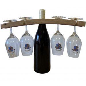Douelle Quartaut fait à partir d'une douelle de tonneau de vin en chêne français avec une bouteille de vin et 4 verres Bourgogne