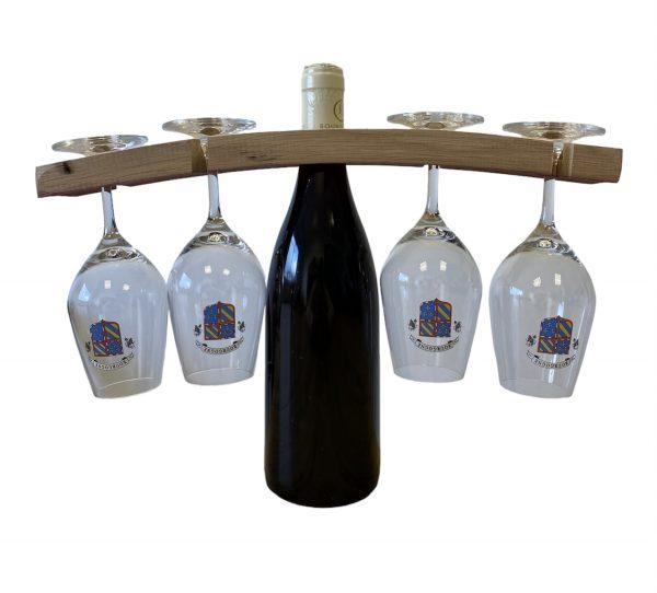 Douelle Quartaut fait à partir d'une douelle de tonneau de vin en chêne français avec une bouteille de vin et 4 verres Bourgogne