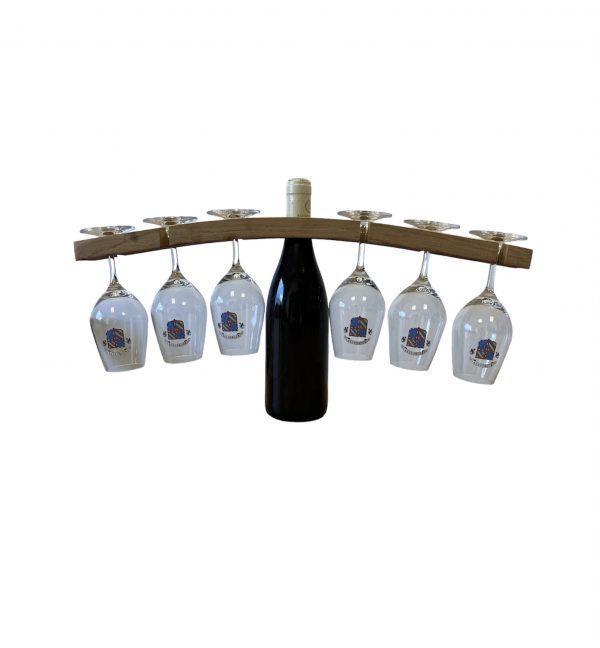 Arche de Bourgogne fait à partir d'une douelle de tonneau de vin en chêne français avec une bouteille de vin et 6 verres Bourgogne
